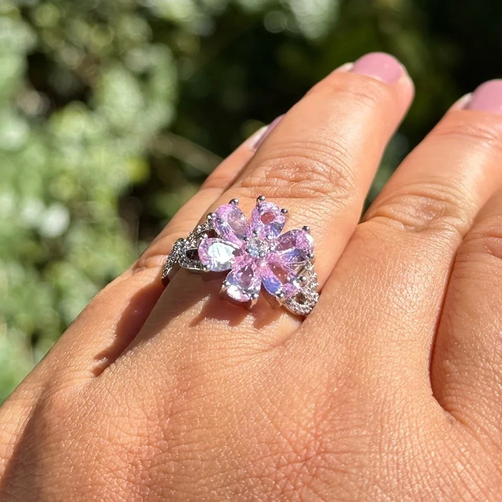 Sakura - Cherry Blossom  Pink Ring Size 10 in Silver  Color